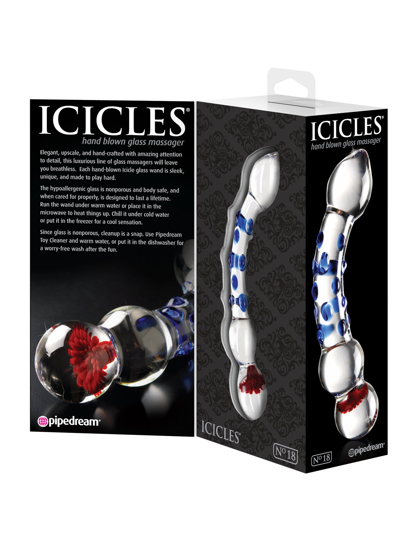Icicles No 18 Hand Blown Glass Massager w/ Blue Knobs