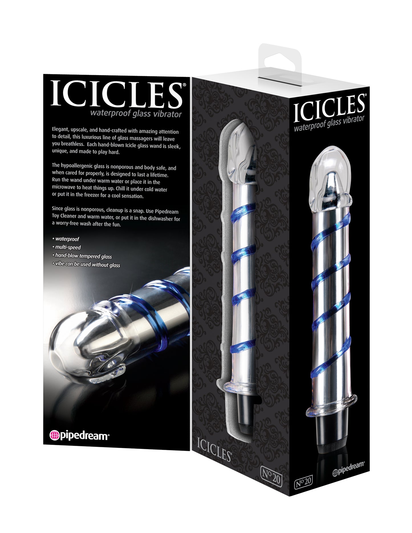 Icicles No 20 Hand Blown Glass Waterproof Vibrator w/ Blue Swirls